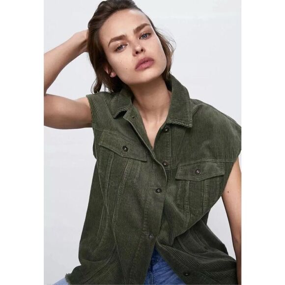 Zara Jackets & Blazers - Zara Women’s Olive Corduroy Vest Gilet Size XS (4878)
